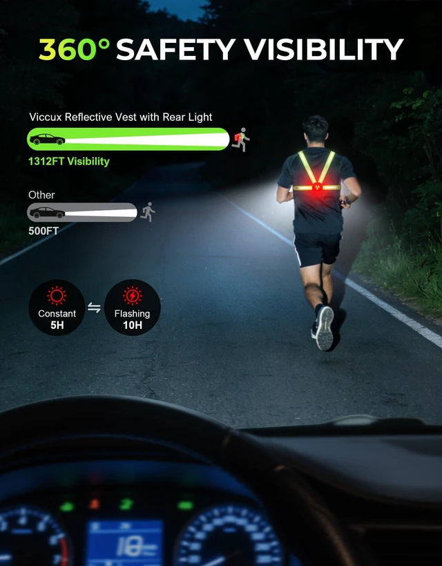 Alt view image 3 of 7 - 800LM Ultra Bright & 7+2 Modes Running Lights for Runners with Rear Light, 45° Beam & 360° Reflective Vest, IPX4 Waterproof Reflective Running Vest for Night Walking/Jogging, 4-25Hrs Runtime