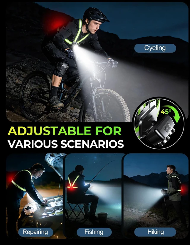 Alt view image 7 of 7 - 800LM Ultra Bright & 7+2 Modes Running Lights for Runners with Rear Light, 45° Beam & 360° Reflective Vest, IPX4 Waterproof Reflective Running Vest for Night Walking/Jogging, 4-25Hrs Runtime