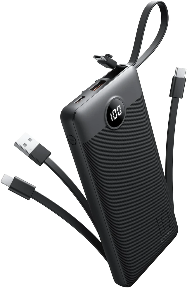 Main image of Portable Charger with Built-in Cables, Slim 10000mAh Power Bank with USB C, Travel Essentials External Battery Pack 5 Outputs 2 Inputs LED Display Compatible with iPhone/Android & More(Black)