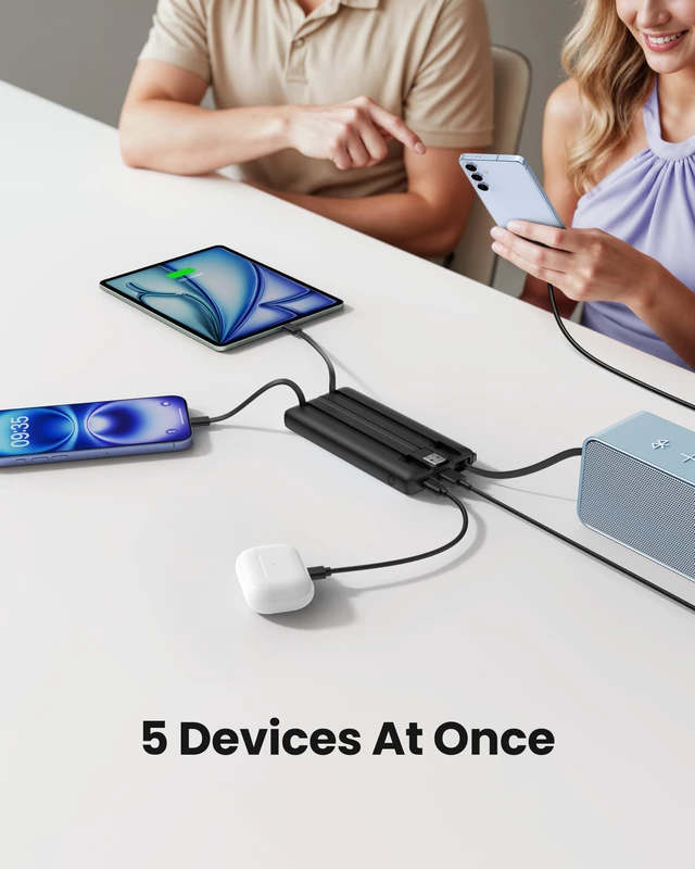 Alt view image 3 of 7 - Portable Charger with Built-in Cables, Slim 10000mAh Power Bank with USB C, Travel Essentials External Battery Pack 5 Outputs 2 Inputs LED Display Compatible with iPhone/Android & More(Black)