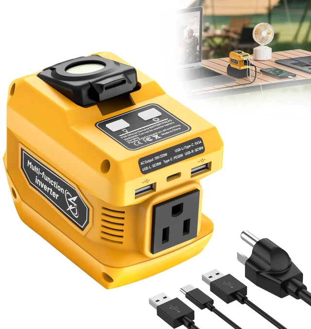 Main image of 220W Portable Power Inverter Compatible with Dewalt 20V Battery | DC 20V to AC 110V Battery Inverter, 400LM LED Light, 1 AC Outlet, 2 USB & 1 TypeC Fast Charging (Battery Not Included)