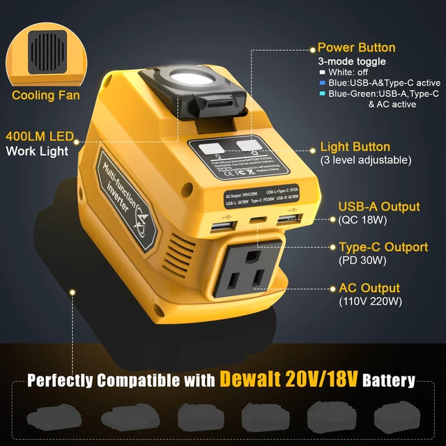 Alt view image 2 of 7 - 220W Portable Power Inverter Compatible with Dewalt 20V Battery | DC 20V to AC 110V Battery Inverter, 400LM LED Light, 1 AC Outlet, 2 USB & 1 TypeC Fast Charging (Battery Not Included)