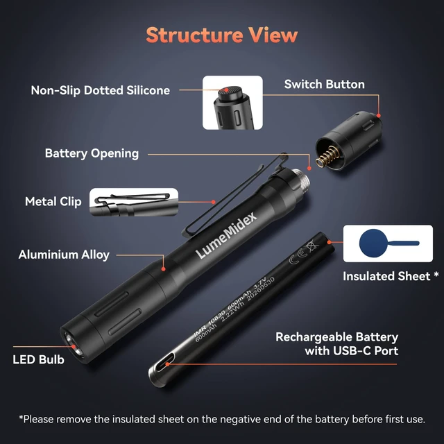 Alt view image 3 of 7 - Pen Light Pocket EDC Flashlight USB-C Rechargeable Portable Handheld Penlights IP67 Waterproof Durable Flash Lights for Home Office Outdoor Night Walking Checking Inspection Emergencies