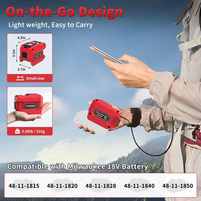 Alt view image 3 of 7 - 220W Power Inverter Compatible with Milwaukee 18V Battery, Tool Only | 110V AC Outlet, 30W USB-C PD, Dual 18W USB-A, 400LM LED Light, Compact Power for Camping, Jobsite & Emergency Backup