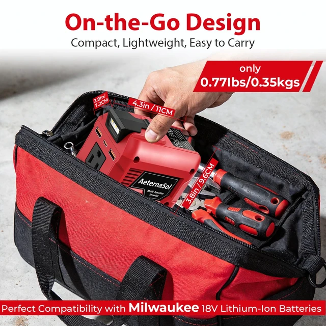 Alt view image 2 of 7 - 250W Power Inverter Compatible with Milwaukee 18V Battery (1-Pack) | Battery not included, DC 18V to AC 110V Portable Power Station, 2 USB Ports & 1 Type-C Fast Charging, 200LM LED Work Light