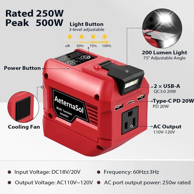 Alt view image 7 of 7 - 250W Power Inverter Compatible with Milwaukee 18V Battery (1-Pack) | Battery not included, DC 18V to AC 110V Portable Power Station, 2 USB Ports & 1 Type-C Fast Charging, 200LM LED Work Light