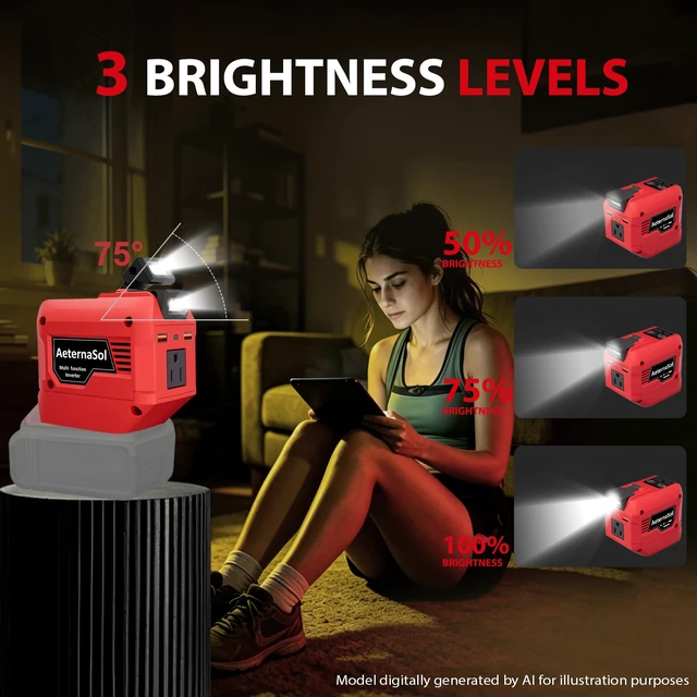 Alt view image 5 of 7 - 250W Power Inverter Compatible with Milwaukee 18V Battery (1-Pack) | Battery not included, DC 18V to AC 110V Portable Power Station, 2 USB Ports & 1 Type-C Fast Charging, 200LM LED Work Light