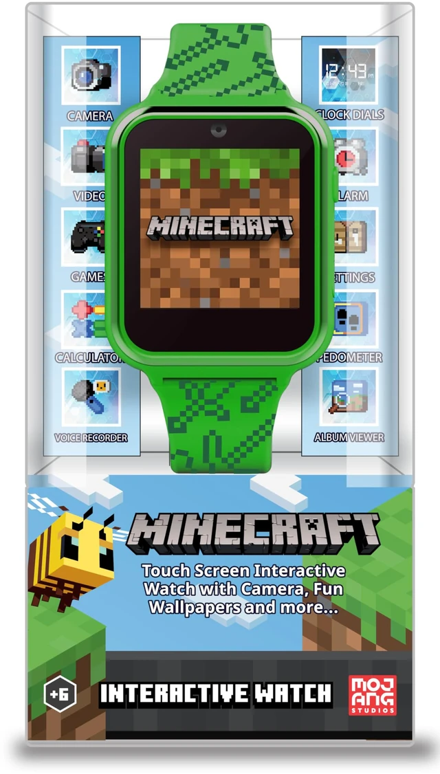 Main image of Minecraft Kids Smart Watch Touchscreen Interactive Watch with 10 Customizable Clock Faces, Built-in Camera, Video Recorder, Alarm, Calculator, Games & Pedometer Fits Wrists 5.5" to 8"