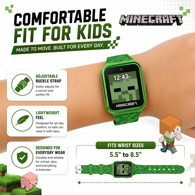 Alt view image 3 of 6 - Minecraft Kids Smart Watch Touchscreen Interactive Watch with 10 Customizable Clock Faces, Built-in Camera, Video Recorder, Alarm, Calculator, Games & Pedometer Fits Wrists 5.5" to 8"