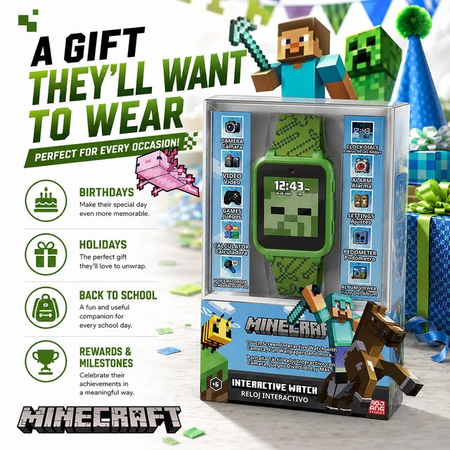 Alt view image 5 of 6 - Minecraft Kids Smart Watch Touchscreen Interactive Watch with 10 Customizable Clock Faces, Built-in Camera, Video Recorder, Alarm, Calculator, Games & Pedometer Fits Wrists 5.5" to 8"