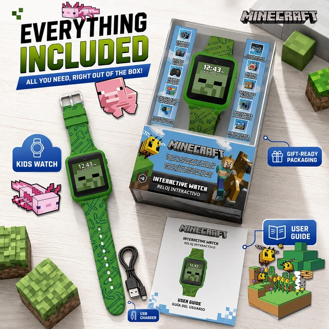 Alt view image 6 of 6 - Minecraft Kids Smart Watch Touchscreen Interactive Watch with 10 Customizable Clock Faces, Built-in Camera, Video Recorder, Alarm, Calculator, Games & Pedometer Fits Wrists 5.5" to 8"