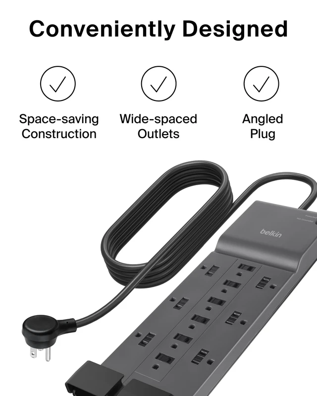 Alt view image 2 of 6 - 12-Outlet Surge Protector Power Strip w/ 12 AC Outlets & 8ft Flat Plug, UL-Listed Heavy-Duty Extension Cord for Home, Office, Travel, Computer, Laptop, Charger - 3,780 Joules of Protection
