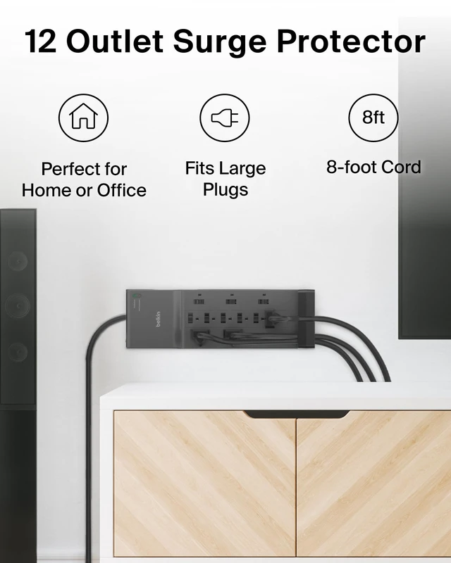 Alt view image 3 of 6 - 12-Outlet Surge Protector Power Strip w/ 12 AC Outlets & 8ft Flat Plug, UL-Listed Heavy-Duty Extension Cord for Home, Office, Travel, Computer, Laptop, Charger - 3,780 Joules of Protection