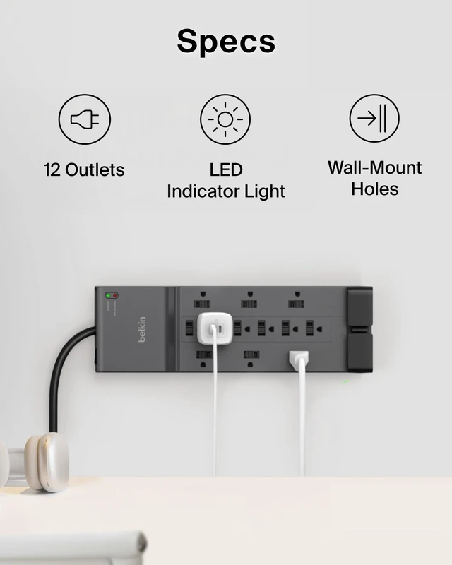 Alt view image 5 of 6 - 12-Outlet Surge Protector Power Strip w/ 12 AC Outlets & 8ft Flat Plug, UL-Listed Heavy-Duty Extension Cord for Home, Office, Travel, Computer, Laptop, Charger - 3,780 Joules of Protection