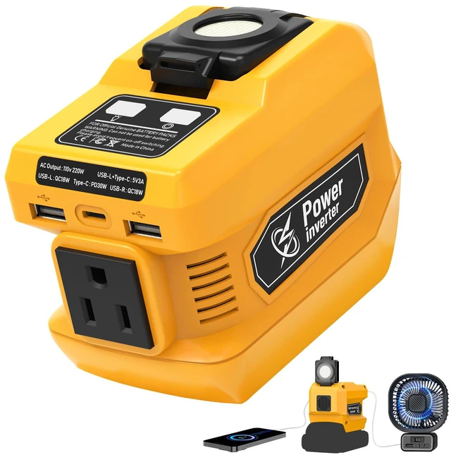 Main image of 220W Power Inverter Compatible with Dewalt 20V Battery | DC 20V to AC 110V-120V Portable Power Generator, Inverter with 2 USB Ports &1 Type-C &1 AC Outlet, 400 Lumen LED Light