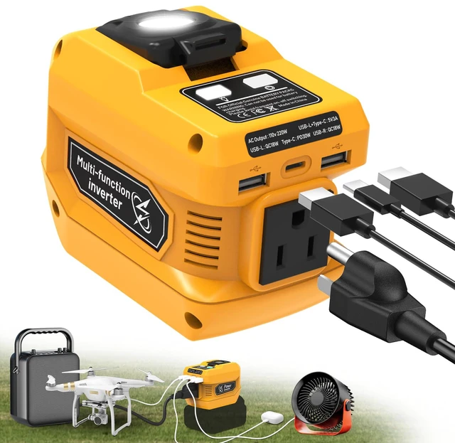 Main image of 220W Power Inverter Compatible with Dewalt 20V Battery, DC 20V to AC 110V Inverter, Portable Power Station Generator with 1 AC Outlet, 2 USB Ports & 1 Type-C Fast Charging, 400LM LED Work Light
