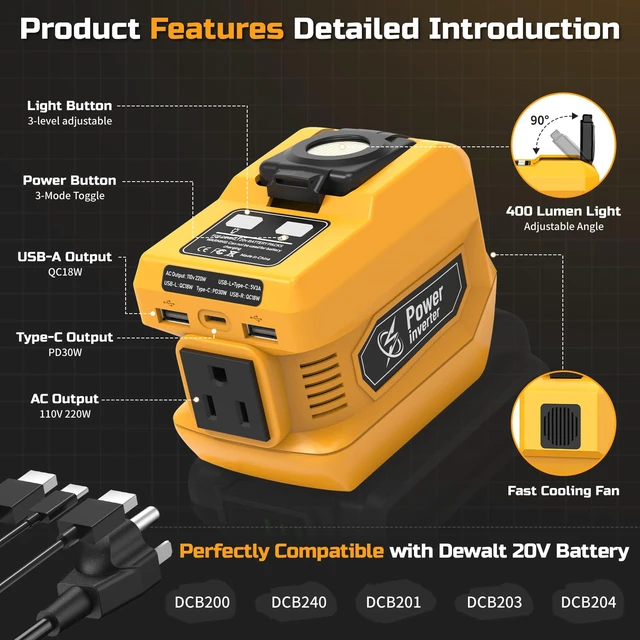 Alt view image 2 of 7 - 220W Power Inverter Compatible with Dewalt 20V Battery, DC 20V to AC 110V Inverter, Portable Power Station Generator with 1 AC Outlet, 2 USB Ports & 1 Type-C Fast Charging, 400LM LED Work Light