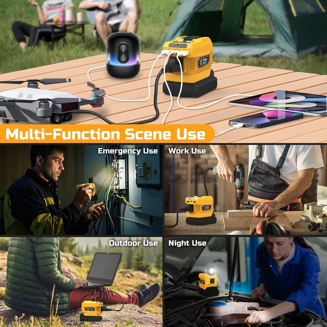 Alt view image 7 of 7 - 220W Power Inverter Compatible with Dewalt 20V Battery, DC 20V to AC 110V Inverter, Portable Power Station Generator with 1 AC Outlet, 2 USB Ports & 1 Type-C Fast Charging, 400LM LED Work Light
