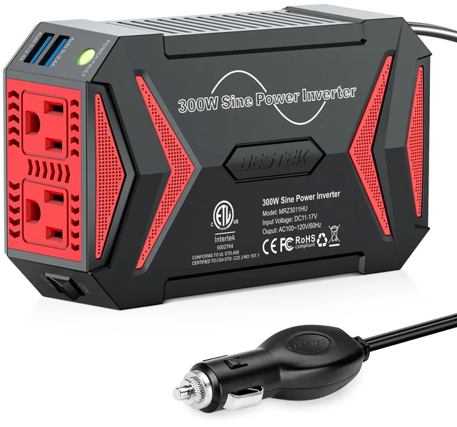 Main image of Pure Sine Wave Power Inverter, 300W DC 12-17V to 110V AC Car Adapter | Vehicle Plug in Cigarette Lighter Outlet Solar Inverter, 4.8A Dual USB Fast Charging Ports for Phone, Laptop, CPAP(Black)