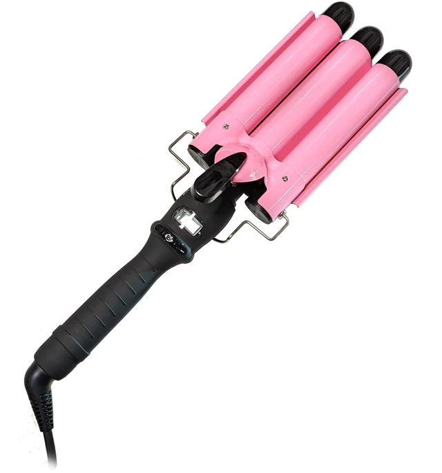 Main image of Three Barrel Curling Iron Wand, 1 Inch Ceramic Tourmaline Hair Waver | LCD Temperature Display, 1-Inch Triple Barrels, Dual Voltage Crimping Hair Styling Curler, Travel Ready (Pink/Black)