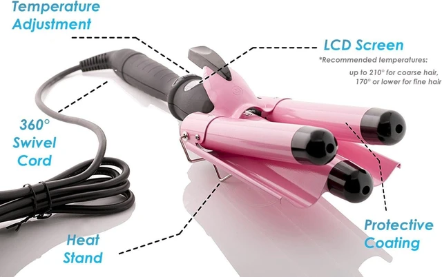 Alt view image 4 of 6 - Three Barrel Curling Iron Wand, 1 Inch Ceramic Tourmaline Hair Waver | LCD Temperature Display, 1-Inch Triple Barrels, Dual Voltage Crimping Hair Styling Curler, Travel Ready (Pink/Black)