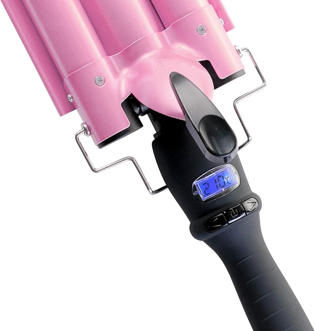 Alt view image 6 of 6 - Three Barrel Curling Iron Wand, 1 Inch Ceramic Tourmaline Hair Waver | LCD Temperature Display, 1-Inch Triple Barrels, Dual Voltage Crimping Hair Styling Curler, Travel Ready (Pink/Black)