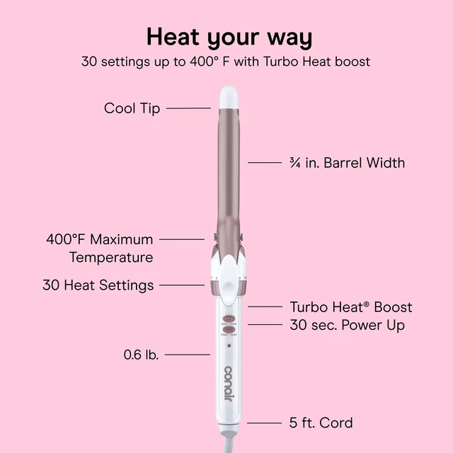 Alt view image 4 of 7 - Curling Iron, Double Ceramic, 3/4-in. Width, White/Rose Gold | Hair curler for soft spirals and tight curls, includes 30 heat settings, dual voltage, built-in heat protection, and auto-off