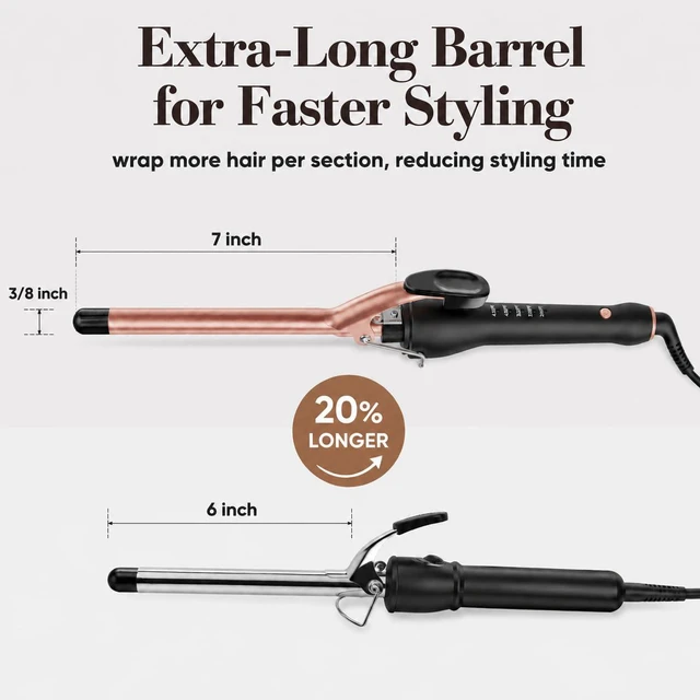 Alt view image 3 of 7 - 3/8 Inch Small Barrel Curling Iron for Short & Long Hair, Dual Voltage | Extra Long Skinny Ceramic Barrel Hair Curler for Tight Curls, 5 Temps, Glove Included