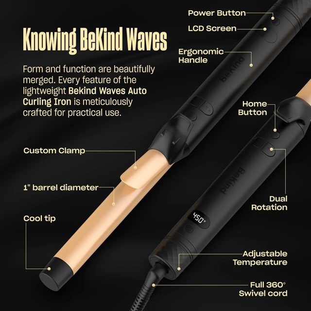 Alt view image 7 of 7 - Automatic Rotating Curling Iron by BeKind Waves, 1 Inch Rotating Wand for Beach Waves, Tourmaline Ceramic, Fast Heat-up, Multiple Temps, Long-Lasting Curls, Dual Voltage (Black)
