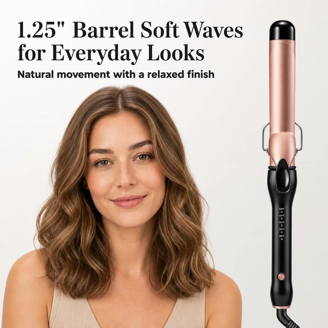 Alt view image 2 of 7 - 1.25 Inch Curling Iron, Tourmaline Ceramic Hair Curler with Clamp, 5 Heat Settings 280°F-430°F, 30s Fast Heating, Dual Voltage, 60-Min Auto Shut-Off, for Loose Curls and Soft Natural Waves