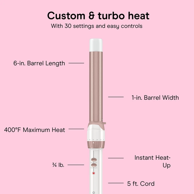 Alt view image 4 of 7 - Curling Iron, Double-Ceramic, Clamp-Free, 1", White/Rose Gold | Hair curler curling wand with instant heat-up and 30 heat settings to 400°F to create crease-free waves on short to long hair