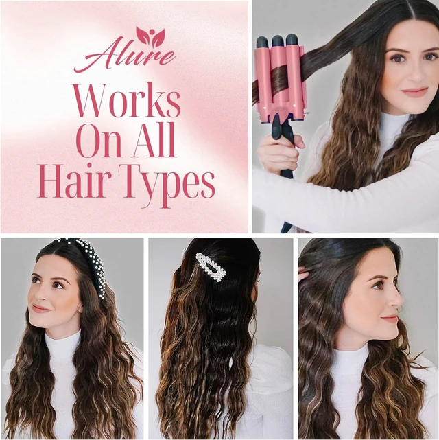Alt view image 2 of 6 - Three Barrel Curling Iron Wand, 1 Inch Ceramic Tourmaline Hair Waver | LCD Temperature Display, 1-Inch Triple Barrels, Dual Voltage Crimping Hair Styling Curler, Travel Ready (Rose Gold)
