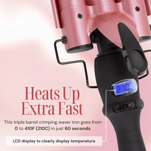 Alt view image 3 of 6 - Three Barrel Curling Iron Wand, 1 Inch Ceramic Tourmaline Hair Waver | LCD Temperature Display, 1-Inch Triple Barrels, Dual Voltage Crimping Hair Styling Curler, Travel Ready (Rose Gold)