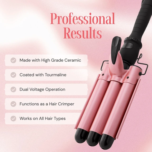 Alt view image 4 of 6 - Three Barrel Curling Iron Wand, 1 Inch Ceramic Tourmaline Hair Waver | LCD Temperature Display, 1-Inch Triple Barrels, Dual Voltage Crimping Hair Styling Curler, Travel Ready (Rose Gold)
