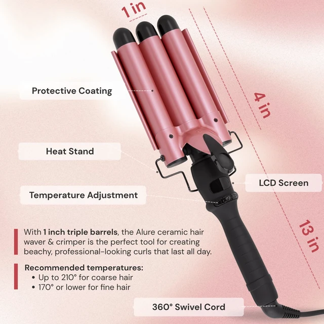 Alt view image 5 of 6 - Three Barrel Curling Iron Wand, 1 Inch Ceramic Tourmaline Hair Waver | LCD Temperature Display, 1-Inch Triple Barrels, Dual Voltage Crimping Hair Styling Curler, Travel Ready (Rose Gold)
