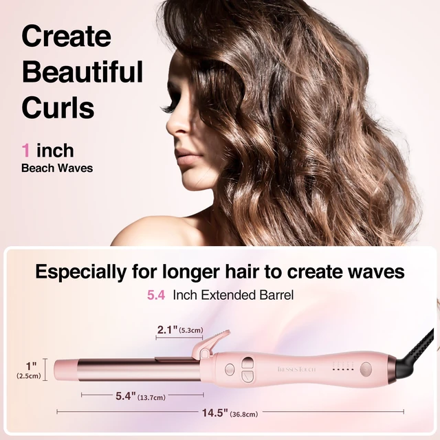 Alt view image 2 of 7 - Extra-Long Barrel Rotating Curling Iron with Short Clamp, Automatic Curling Iron 1 Inch Creates Loose Curls for Medium and Long Hair, High Heat 410°F, Instant Heat up, Double Ceramic, Dual Voltage