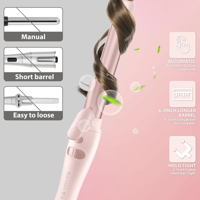 Alt view image 3 of 7 - Extra-Long Barrel Rotating Curling Iron with Short Clamp, Automatic Curling Iron 1 Inch Creates Loose Curls for Medium and Long Hair, High Heat 410°F, Instant Heat up, Double Ceramic, Dual Voltage
