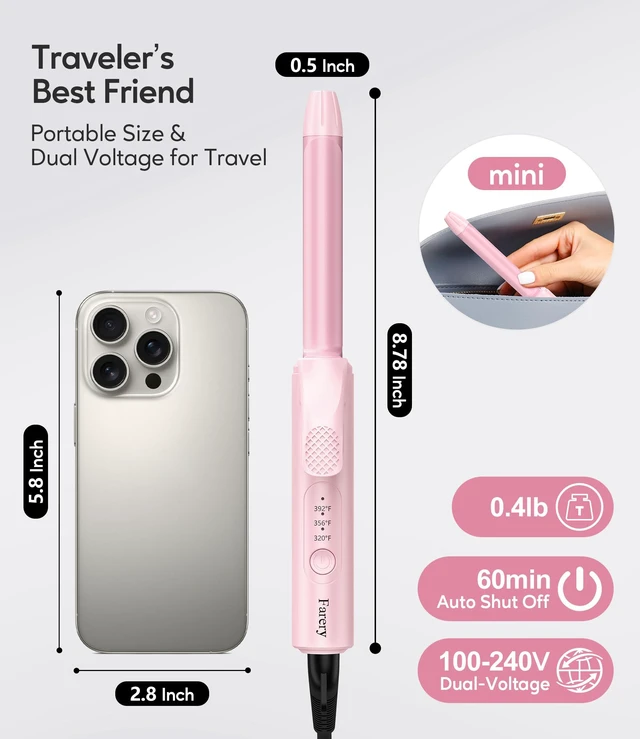 Alt view image 2 of 7 - Mini Curling Iron for Short Hair, 1/2 Inch Travel Size Curling Iron Dual Voltage 100-240V, Ceramic Mini Hair Curler with 3 Adjustable Temp, Auto-Off, Infused Keratin&Argan Oil, with Storage Bag