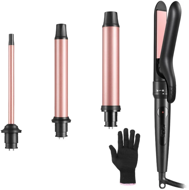 Main image of 4 in 1 Curling Iron with Interchangeable Ceramic Barrels (0.35"-1.25"), Curling Wand Set with Flat Iron Hair Straightener, Dual Voltage Hair Curler, 2 Temps Fast Heat Hair Waver Curler