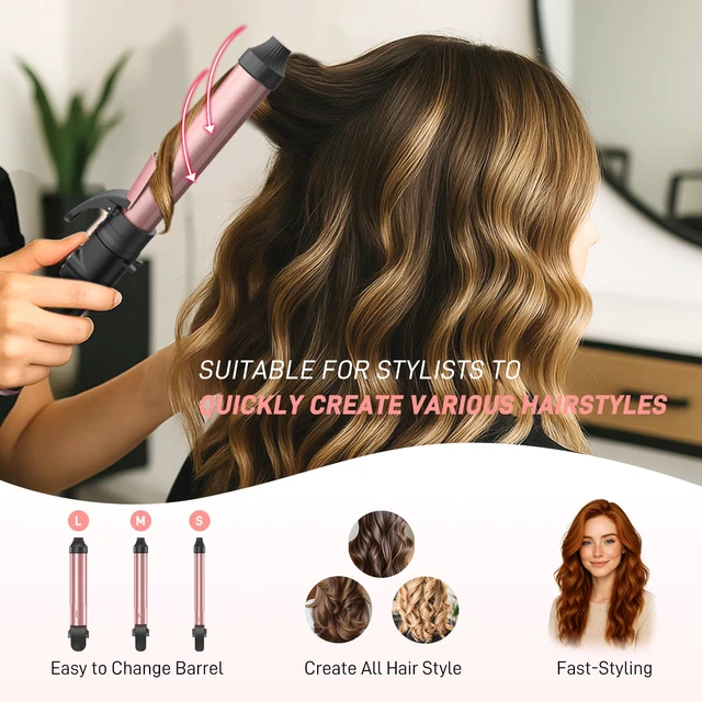 Alt view image 4 of 7 - Automatic Curling Iron 1 Inch with 3-in-1 Interchangeable Barrels, Anti-Tangle Beach Waves Hair Curler Pro