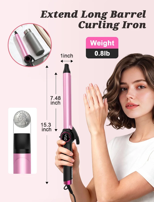 Alt view image 7 of 7 - 1 Inch Long Barrel Curling Iron,Extended Ceramic Long Barrel,Dual Voltage | 1 Inch Travel Curling Iron for Long Hair,110~240V for Worldwide,European Plug Adapter,14 Temp Settings,Heat-resistant gloves