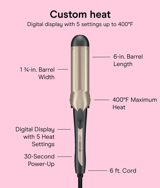 Alt view image 4 of 7 - Curling Iron, Adjustable Heat, 1.75" Ceramic Barrel | Clamp curling iron for loose curls and beach waves on medium to long hair, 30-second power up, 5 heat settings to 400°F