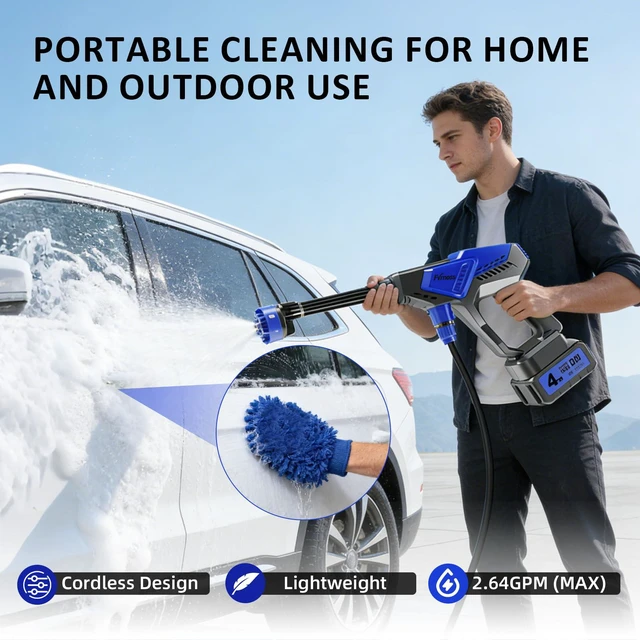 Alt view image 2 of 6 - Portable Handheld Cleaning Tool | 6-in-1 Nozzle, Dual Batteries, Tool Box Storage, 32FT Hose, Lightweight Compact Spray Tool, for Car, Garden, Patio, Camping