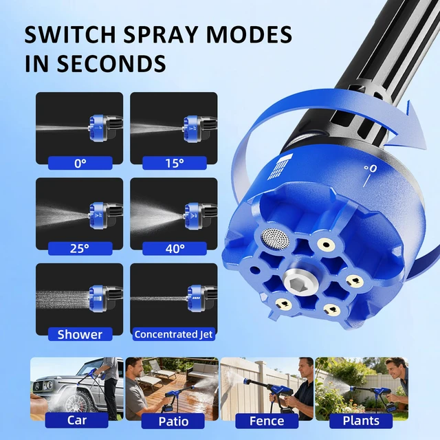 Alt view image 3 of 6 - Portable Handheld Cleaning Tool | 6-in-1 Nozzle, Dual Batteries, Tool Box Storage, 32FT Hose, Lightweight Compact Spray Tool, for Car, Garden, Patio, Camping