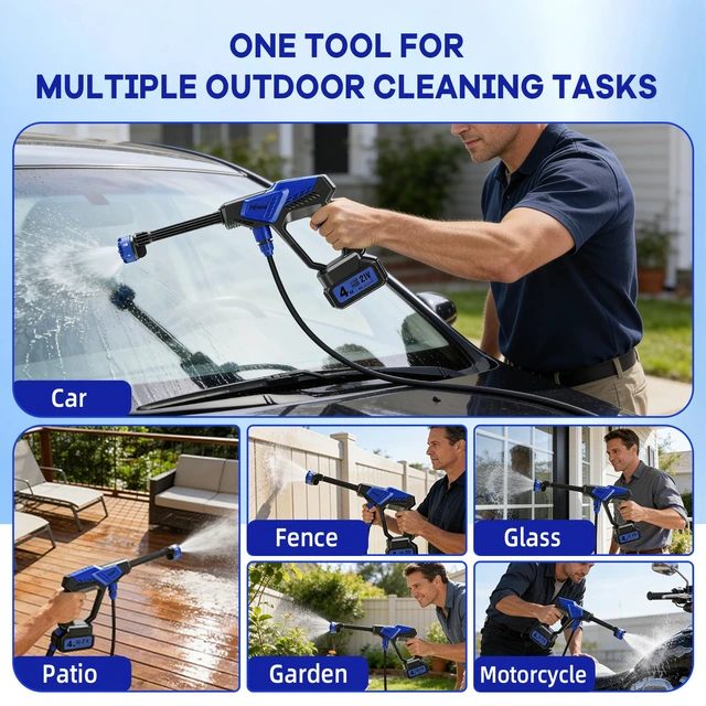 Alt view image 5 of 6 - Portable Handheld Cleaning Tool | 6-in-1 Nozzle, Dual Batteries, Tool Box Storage, 32FT Hose, Lightweight Compact Spray Tool, for Car, Garden, Patio, Camping