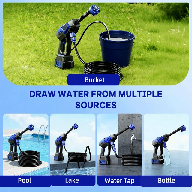 Alt view image 6 of 6 - Portable Handheld Cleaning Tool | 6-in-1 Nozzle, Dual Batteries, Tool Box Storage, 32FT Hose, Lightweight Compact Spray Tool, for Car, Garden, Patio, Camping