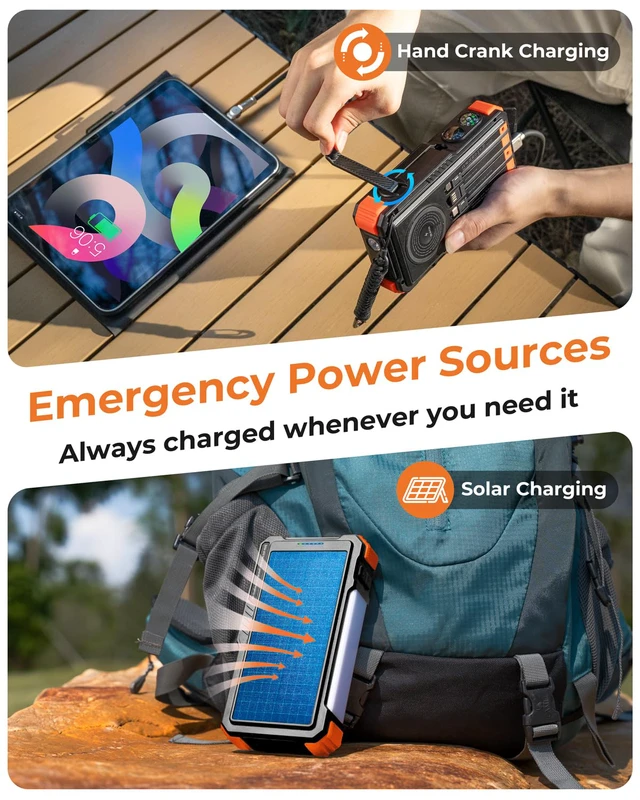 Alt view image 2 of 7 - Solar Power Bank with Hand Crank and Built-in 4 Cables 20000mAh | Wireless Charging, Camping Light, Dual Flashlight, 20W Fast Charging, Battery Pack for iPhone, Samsung, All Mobile Phones