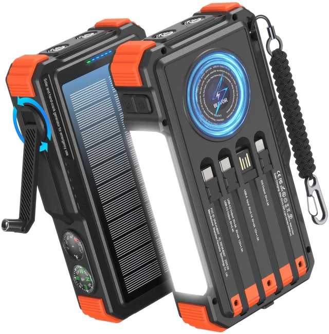Main image of Solar Power Bank with Hand Crank and Built-in 4 Cables 20000mAh | Wireless Charging, Camping Light, Dual Flashlight, 20W Fast Charging, Battery Pack for iPhone, Samsung, All Mobile Phones