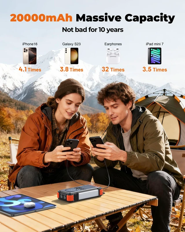 Alt view image 3 of 7 - Solar Power Bank with Hand Crank and Built-in 4 Cables 20000mAh | Wireless Charging, Camping Light, Dual Flashlight, 20W Fast Charging, Battery Pack for iPhone, Samsung, All Mobile Phones