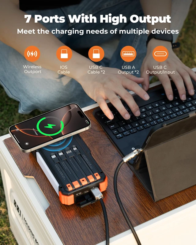 Alt view image 4 of 7 - Solar Power Bank with Hand Crank and Built-in 4 Cables 20000mAh | Wireless Charging, Camping Light, Dual Flashlight, 20W Fast Charging, Battery Pack for iPhone, Samsung, All Mobile Phones